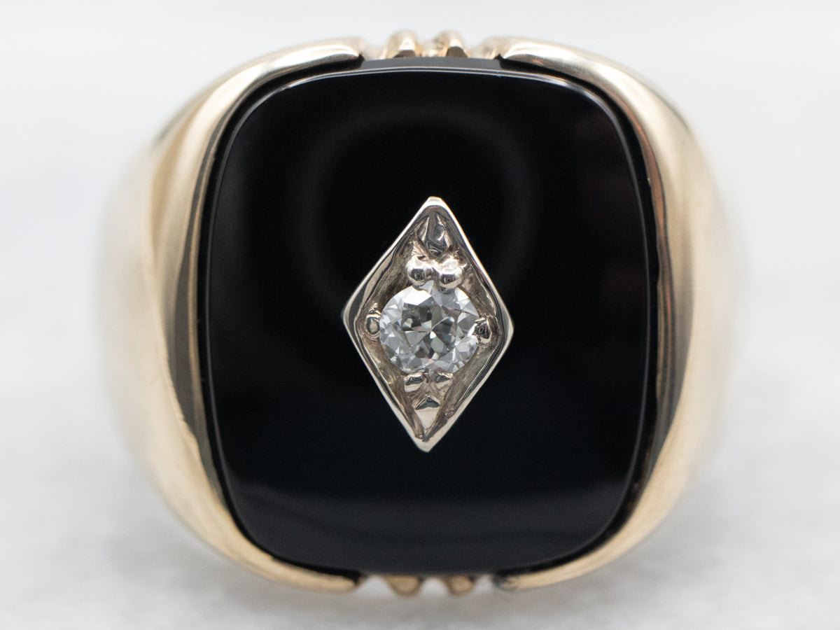 Black Onyx and European Cut Diamond Ring