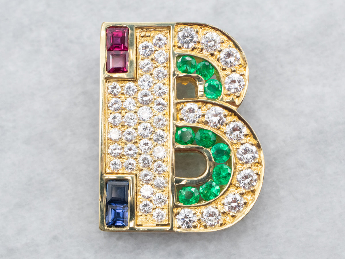 Yellow Gold Square Cut Ruby and Sapphire and Round Cut Emerald and Diamond &quot;B&quot; Pendant