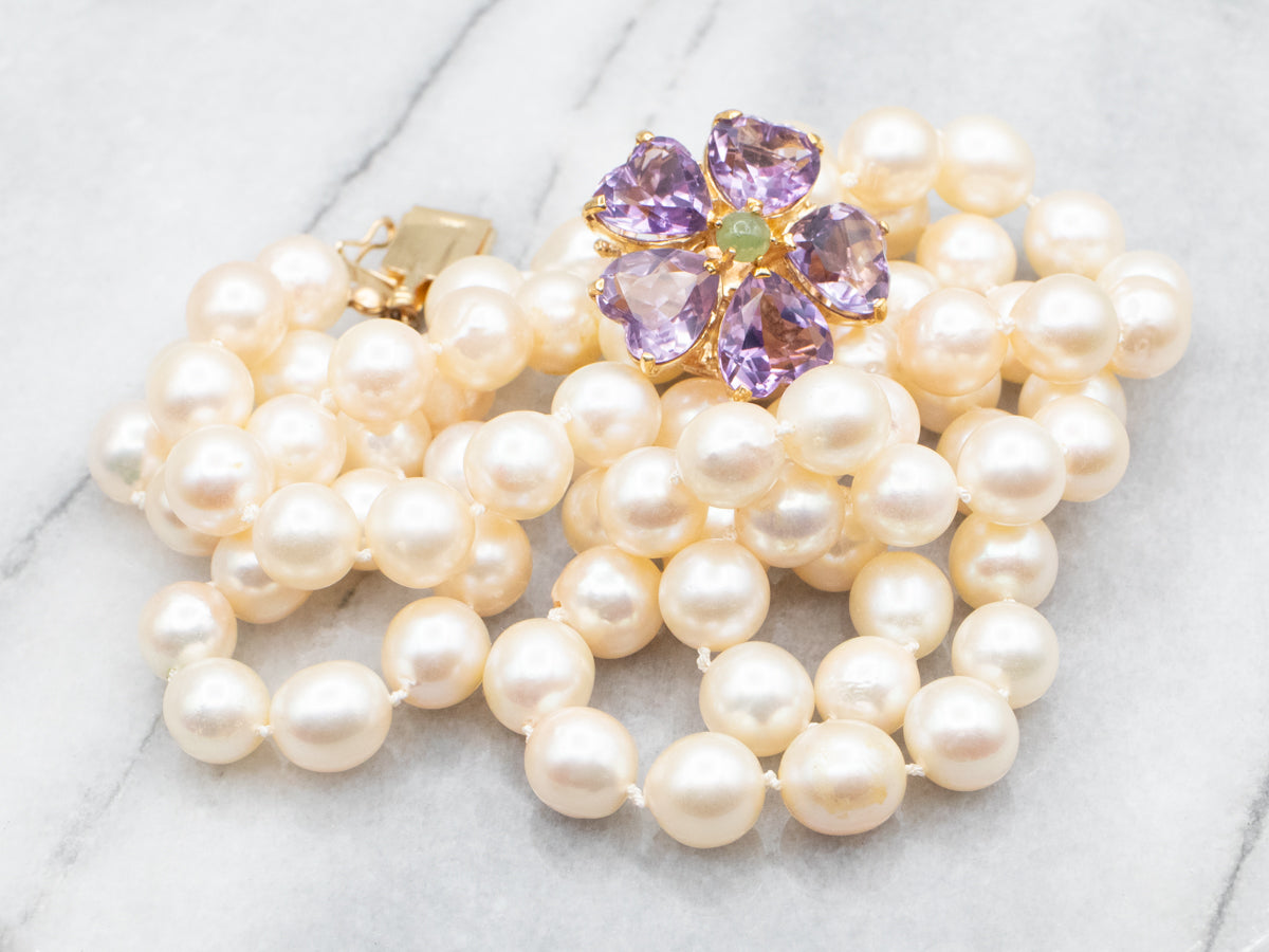 Vintage Pearl Necklace with Amethyst and Jade Floral Clasp