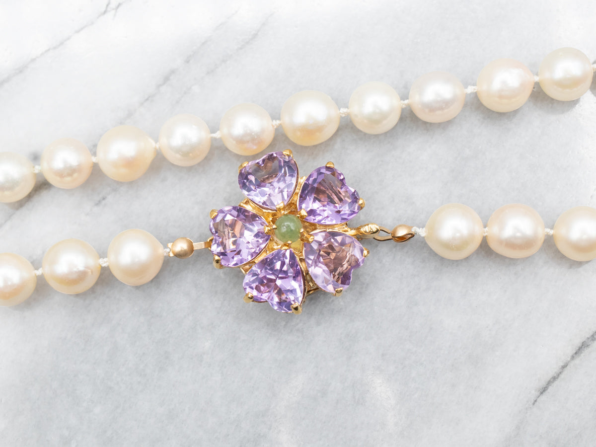 Vintage Pearl Necklace with Amethyst and Jade Floral Clasp
