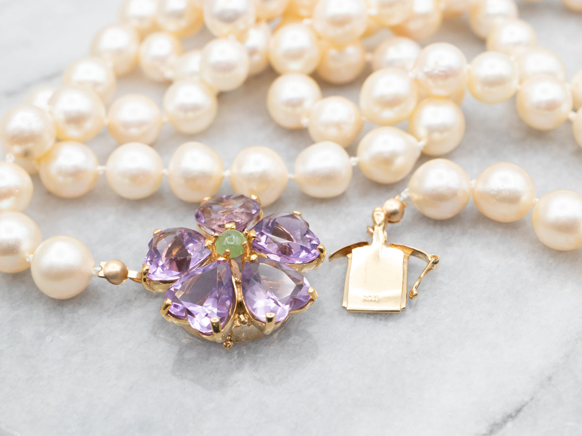 Vintage Pearl Necklace with Amethyst and Jade Floral Clasp