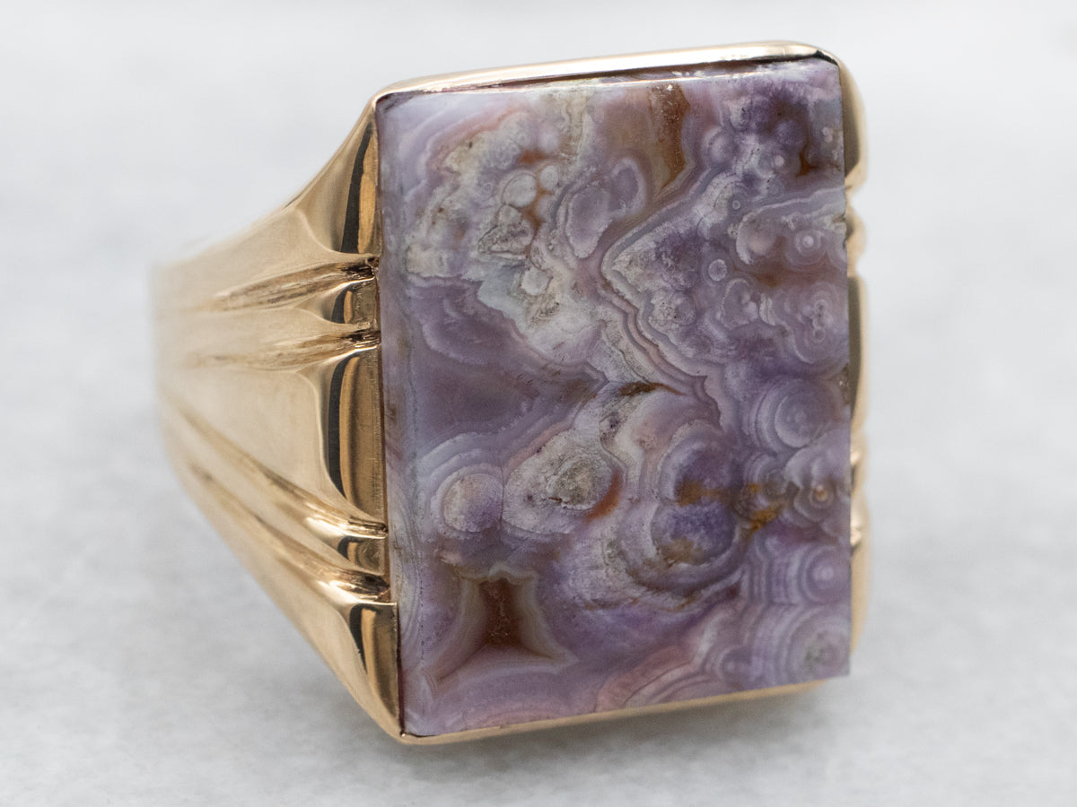 Yellow Gold Rectangle Cut Lace Agate Solitaire Cocktail Ring