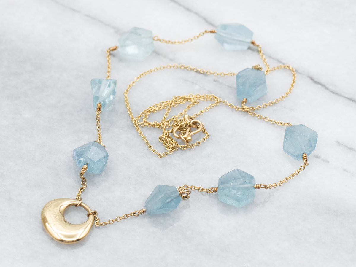 Yellow Gold Aquamarine Bead Station Necklace with Pendant