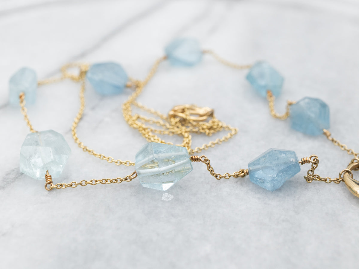 Yellow Gold Aquamarine Bead Station Necklace with Pendant