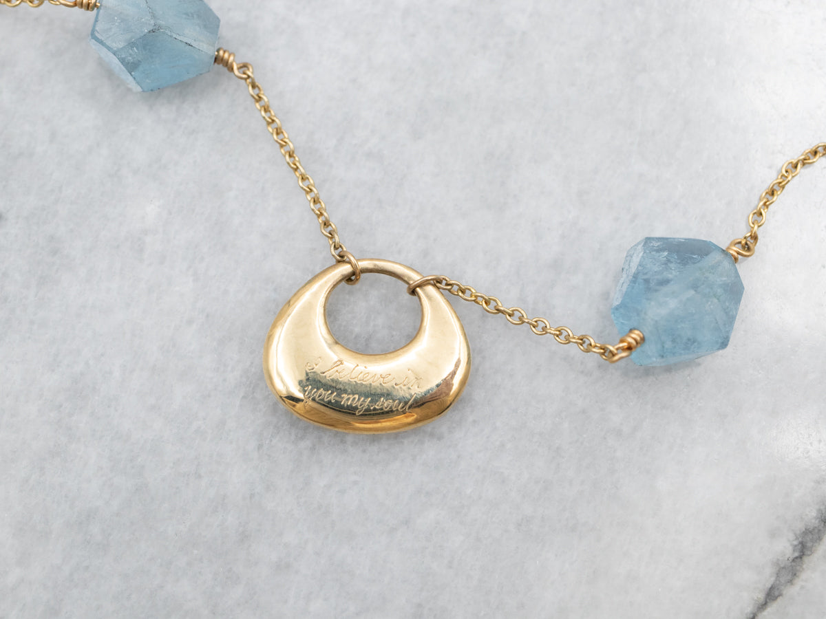 Yellow Gold Aquamarine Bead Station Necklace with Pendant