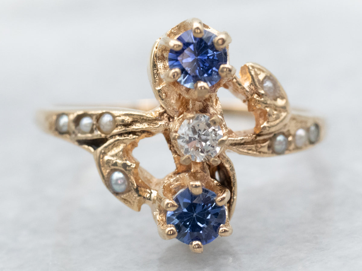 Antique Diamond Sapphire and Seed Pearl Ring