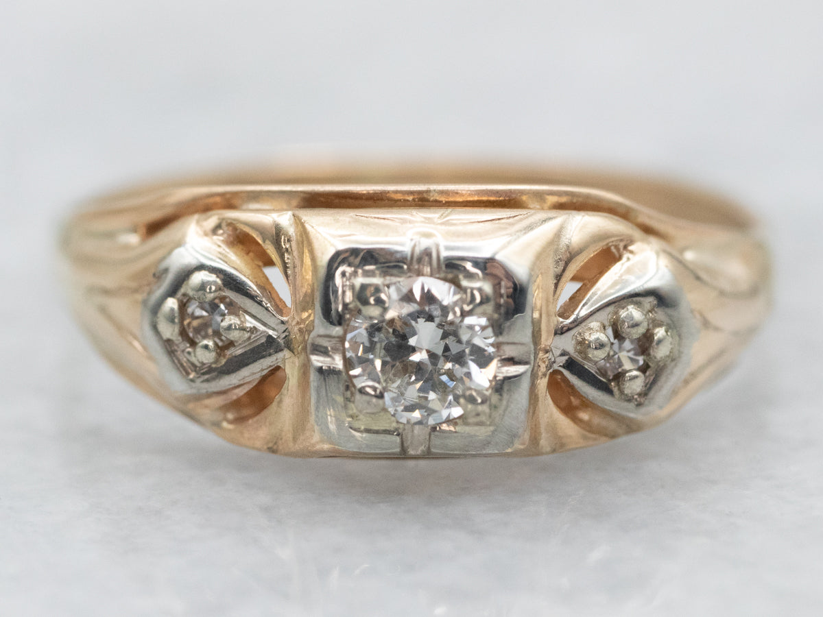 Two Tone Yellow and White Gold Diamond Engagement Ring with Diamond Accents