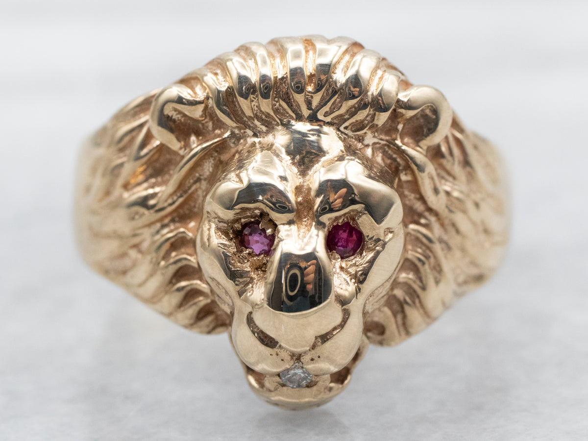 Yellow Gold Lion Ring with Ruby Eyes and Diamond in Mouth