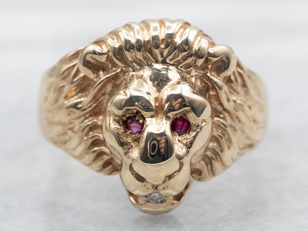 GENUINE RUBY, DIAMOND 2024 LION GOLD RING