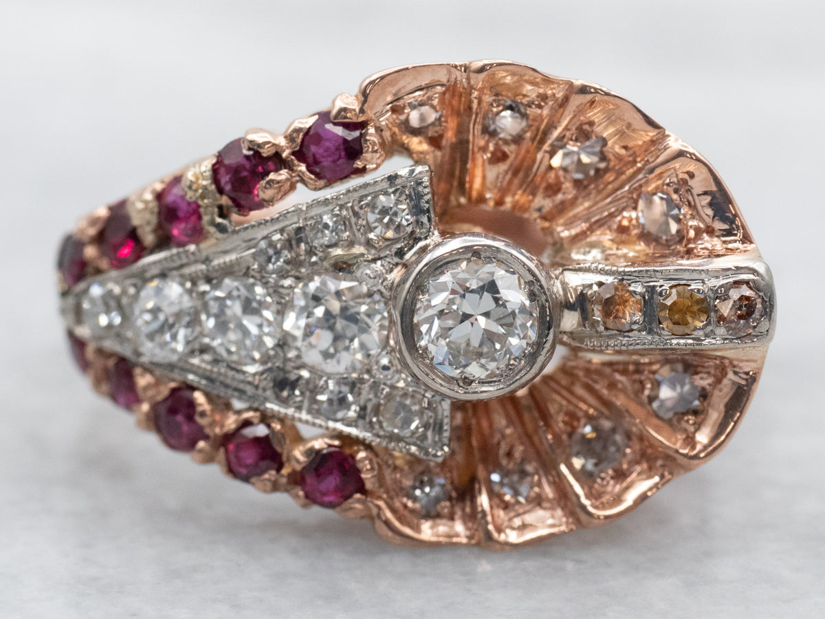 Mixed Metal Rose Gold and Platinum European Cut Diamond Ring with Ruby, Diamond, and Orange Diamond Accents