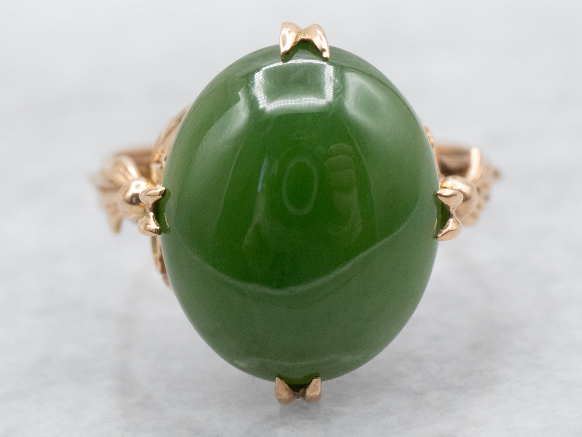 Vintage Botanical Gold Nephrite Jade Ring