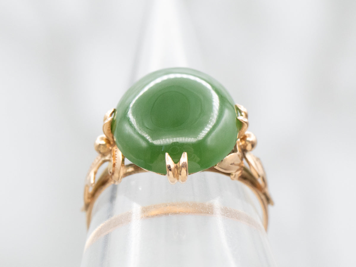 Vintage Botanical Gold Nephrite Jade Ring