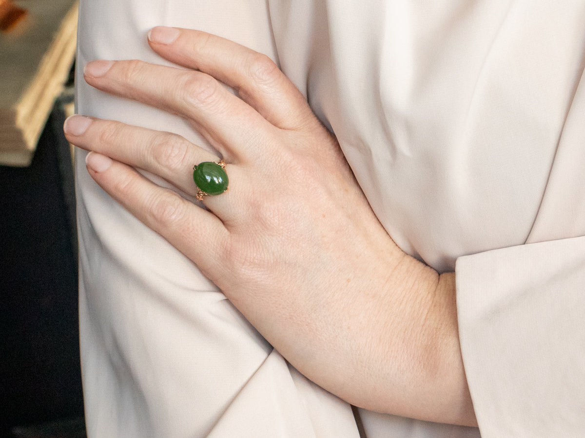 Vintage Botanical Gold Nephrite Jade Ring