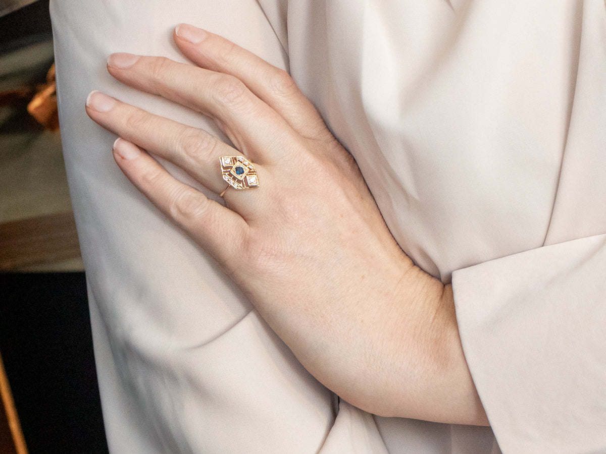 Art-Deco Style Sapphire and Diamond Dinner Ring