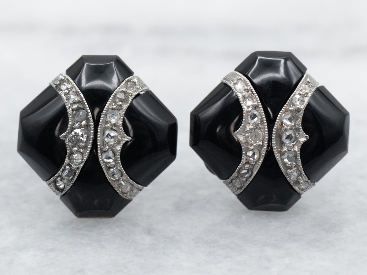 Black Onyx and Diamond Stud Earrings