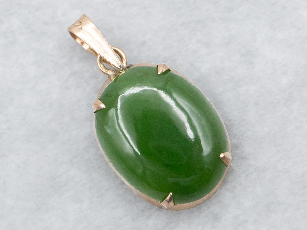 Yellow Gold Oval Cut Nephrite Jade Solitaire Pendant