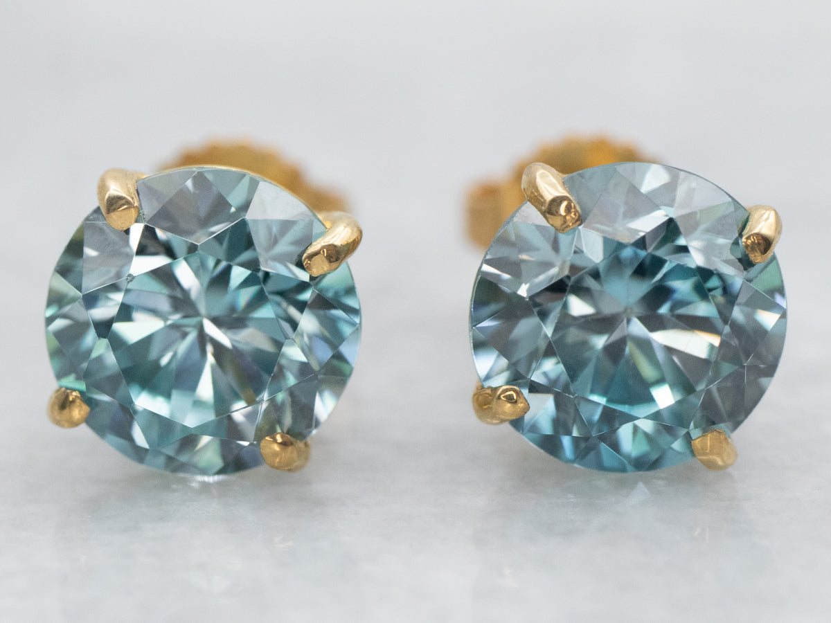 New hotsell 2ctw Round Solitaire Blue Zircon Stud Earrings 14k Yellow Gold