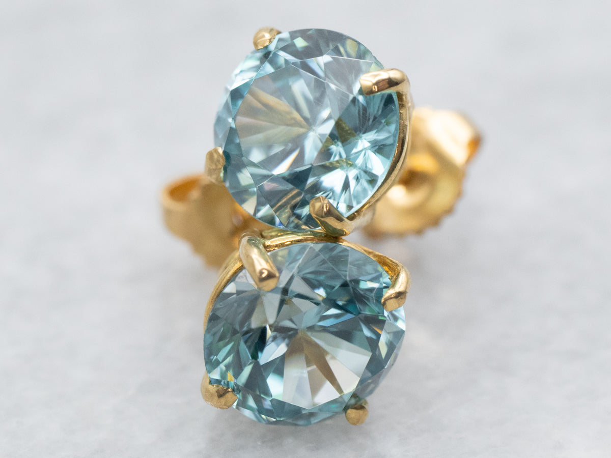 Yellow Gold Round Cut Blue Zircon Stud Earrings