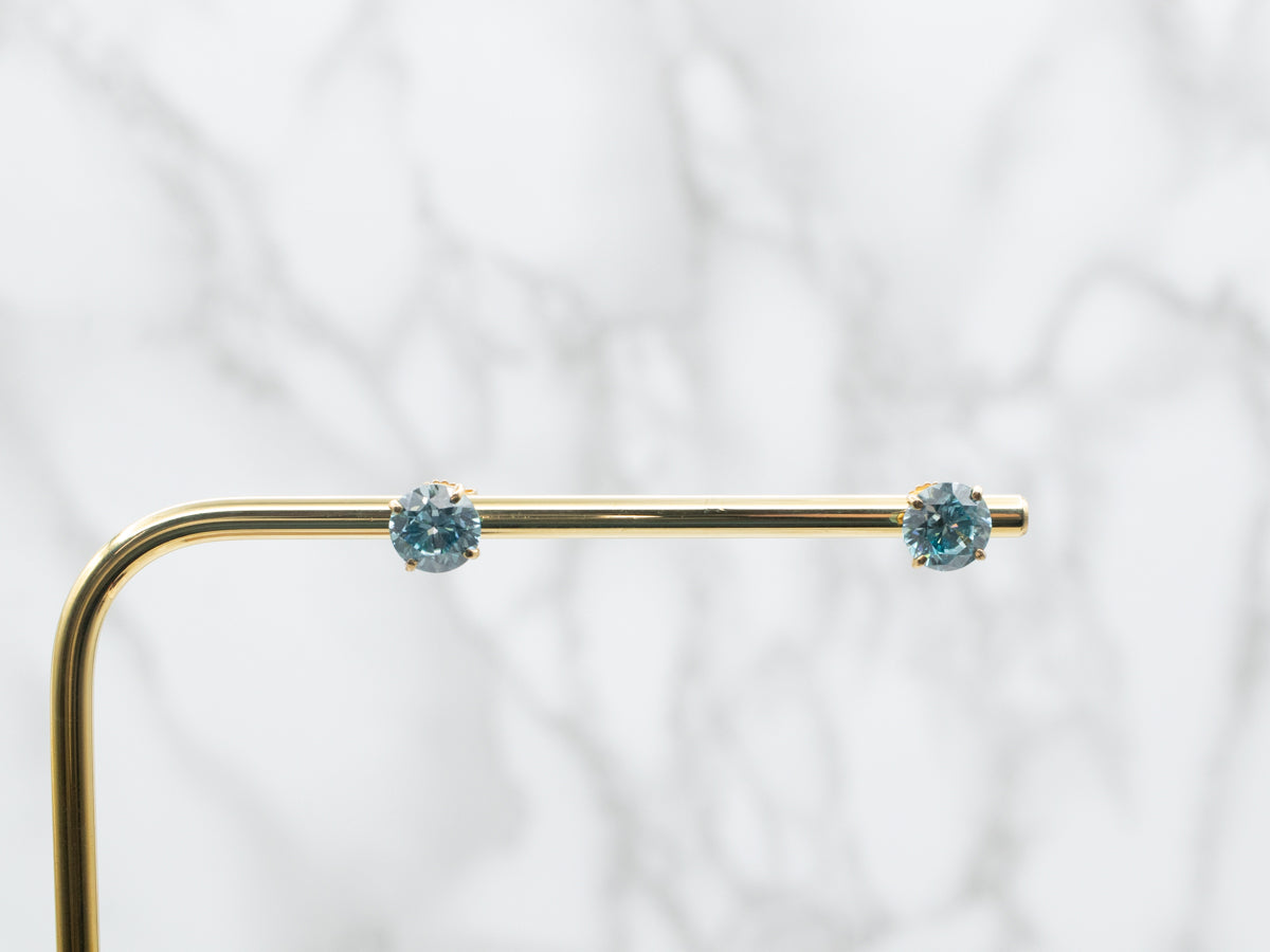 Yellow Gold Round Cut Blue Zircon Stud Earrings