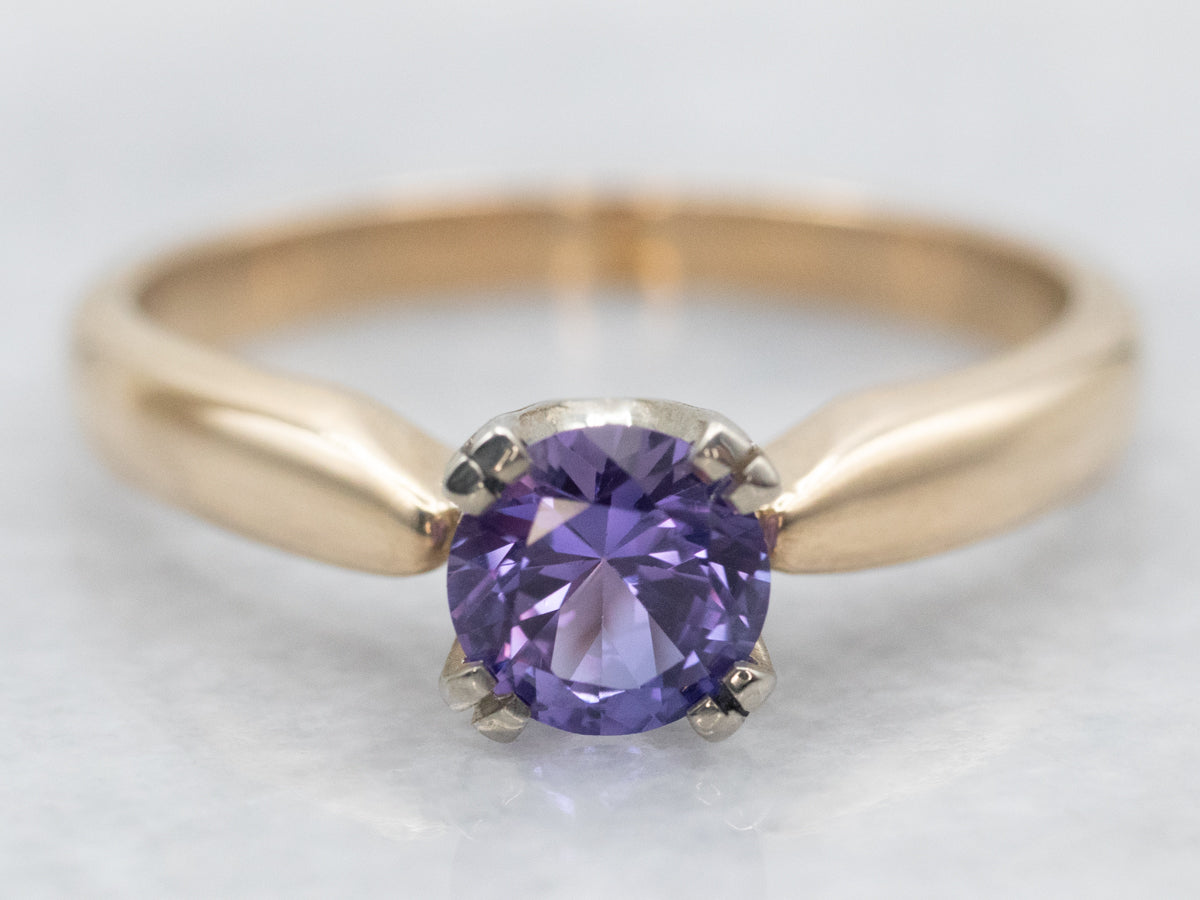 Two Tone Yellow and White Gold Round Cut Purple Sapphire Solitaire Ring