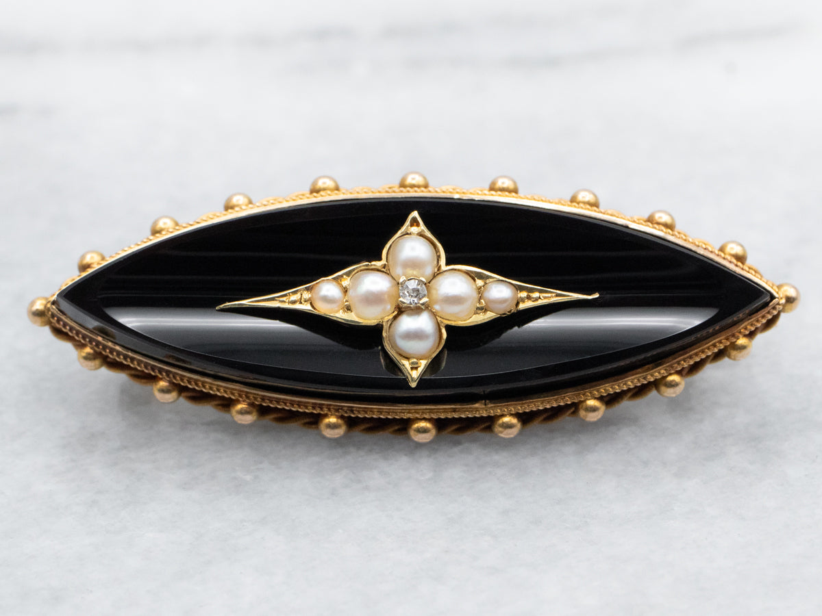 Black Onyx, Diamond, and Seed Pearl Brooch