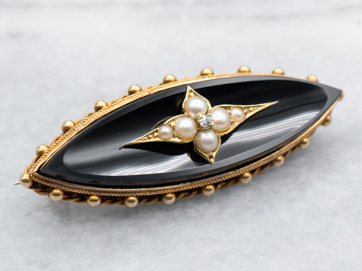 Black Onyx, Diamond, and Seed Pearl Brooch