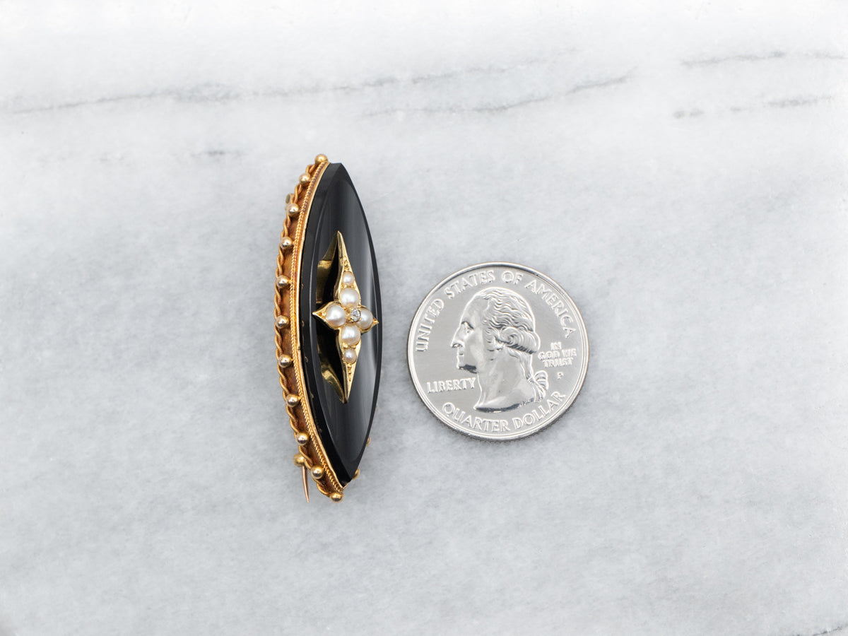 Black Onyx, Diamond, and Seed Pearl Brooch