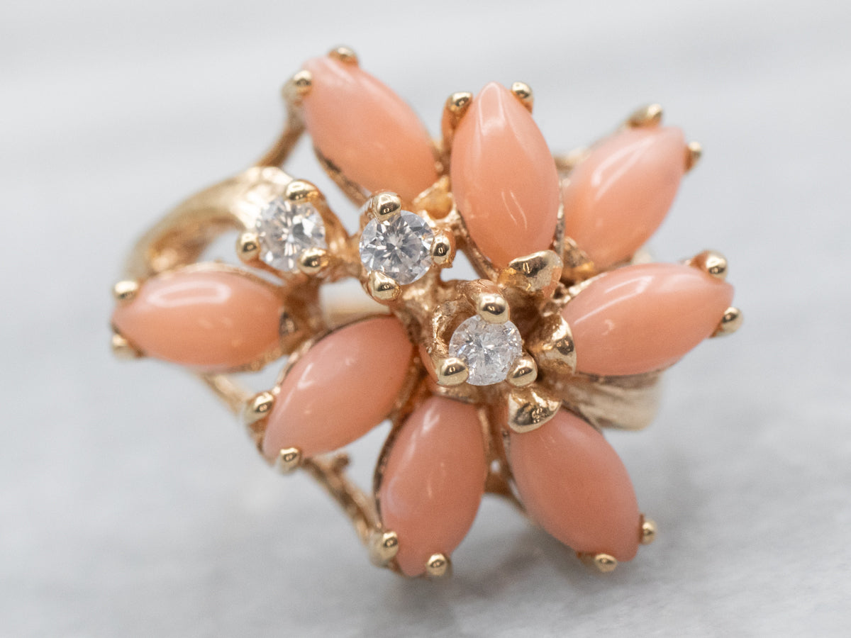 Diamond and Coral Cluster Ring