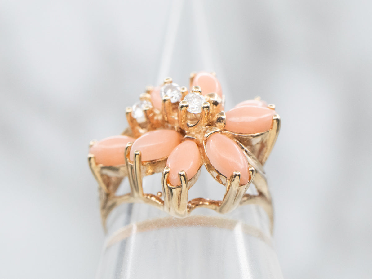 Diamond and Coral Cluster Ring