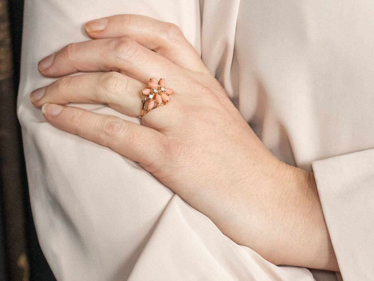 Diamond and Coral Cluster Ring