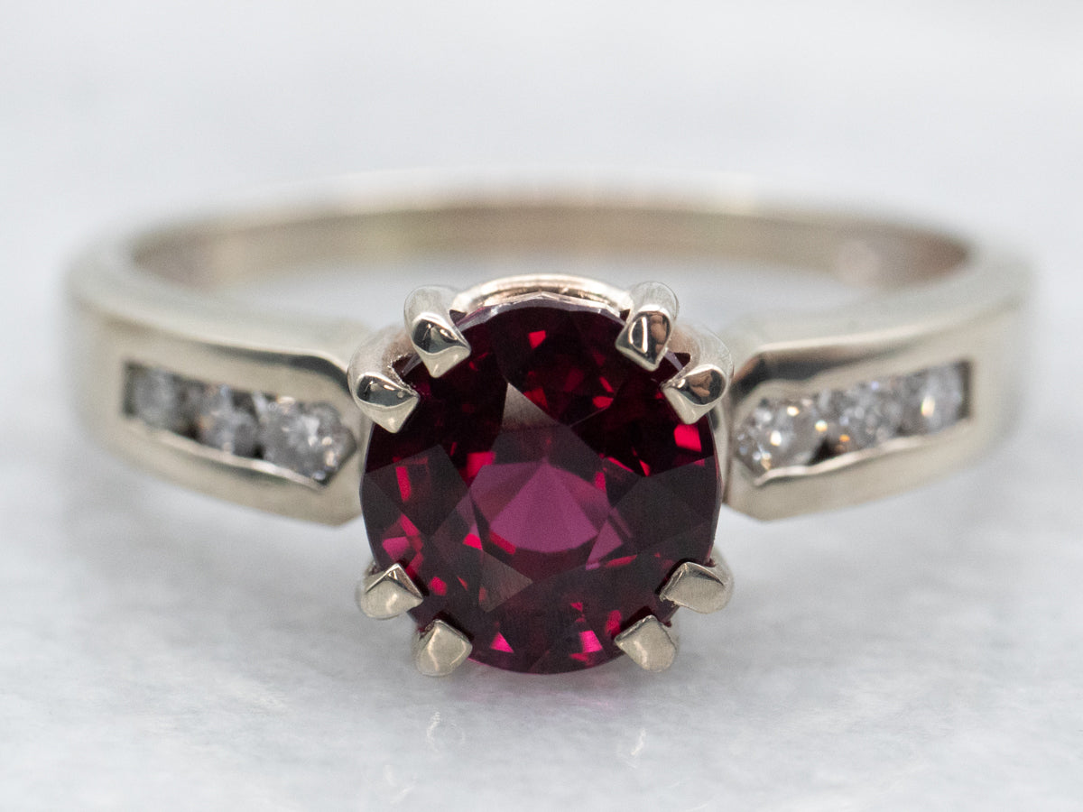 Modern Rhodolite Garnet Ring with Channel Set Diamond Accents