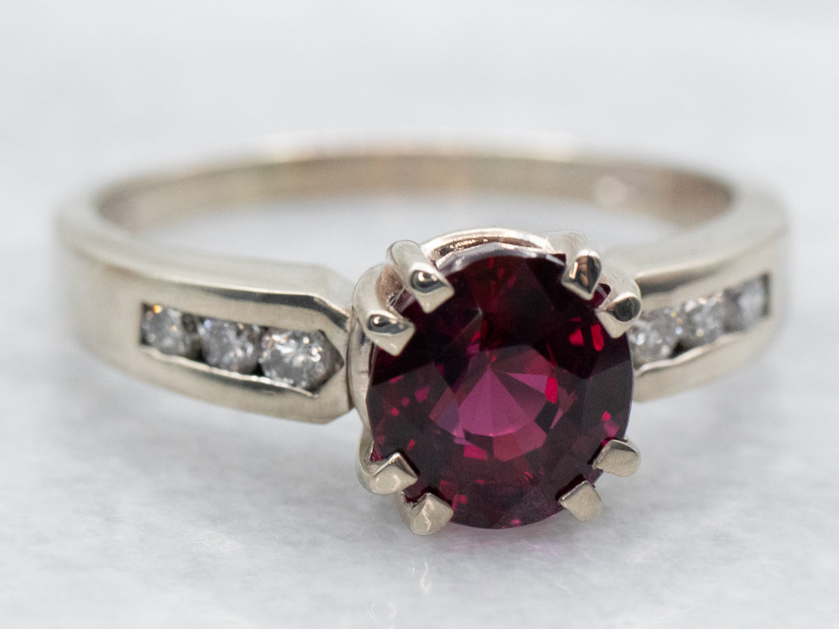 Modern Rhodolite Garnet Ring with Channel Set Diamond Accents