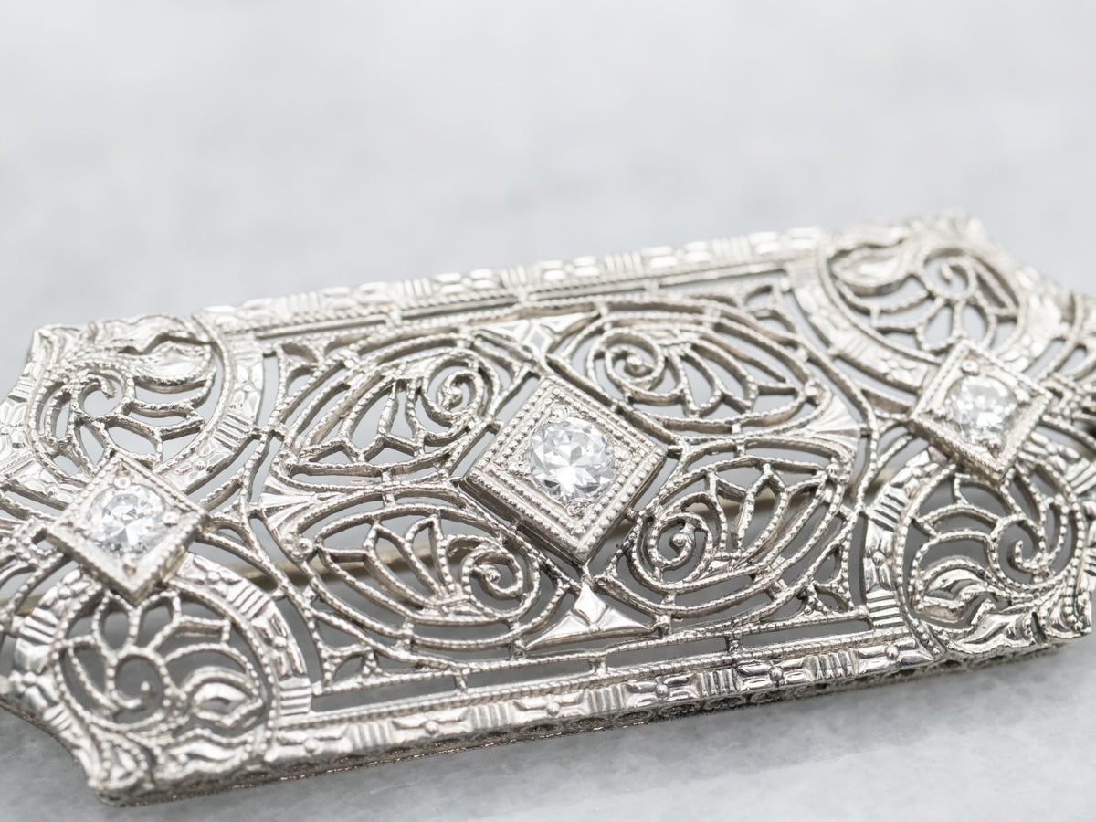 White Gold Art Deco European Cut Diamond Brooch