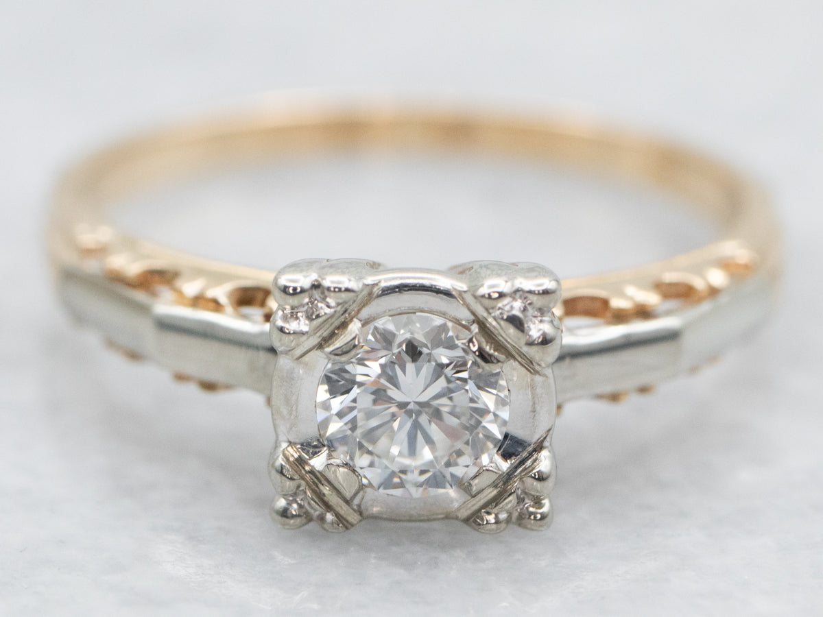 Two Tone Yellow and White Gold Diamond Solitaire Engagement Ring