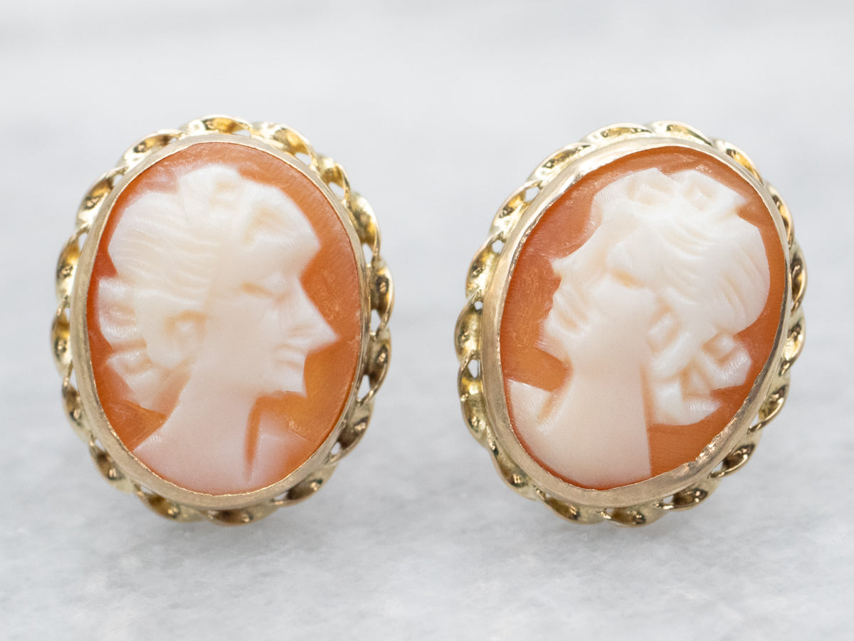 Yellow Gold Oval Cut Cameo Stud Earrings