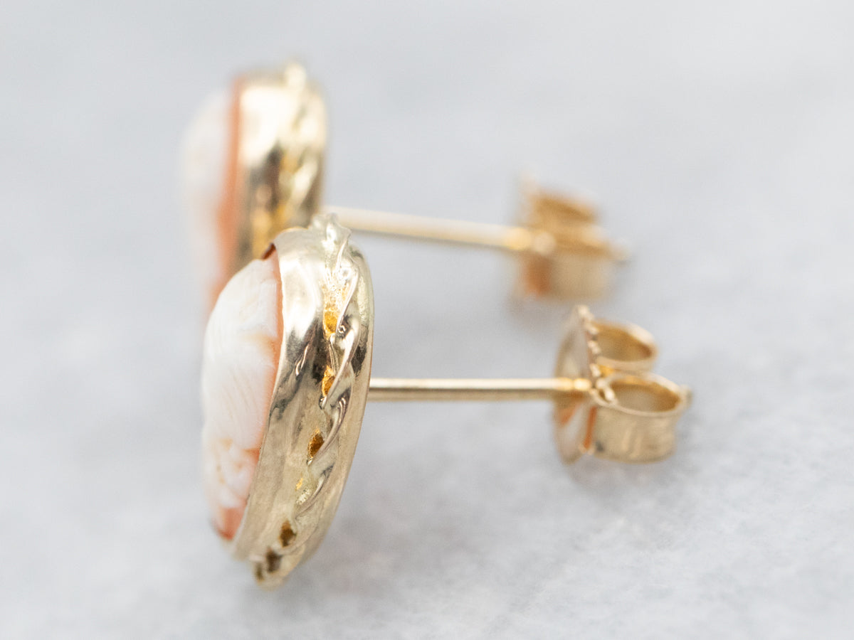 Yellow Gold Oval Cut Cameo Stud Earrings