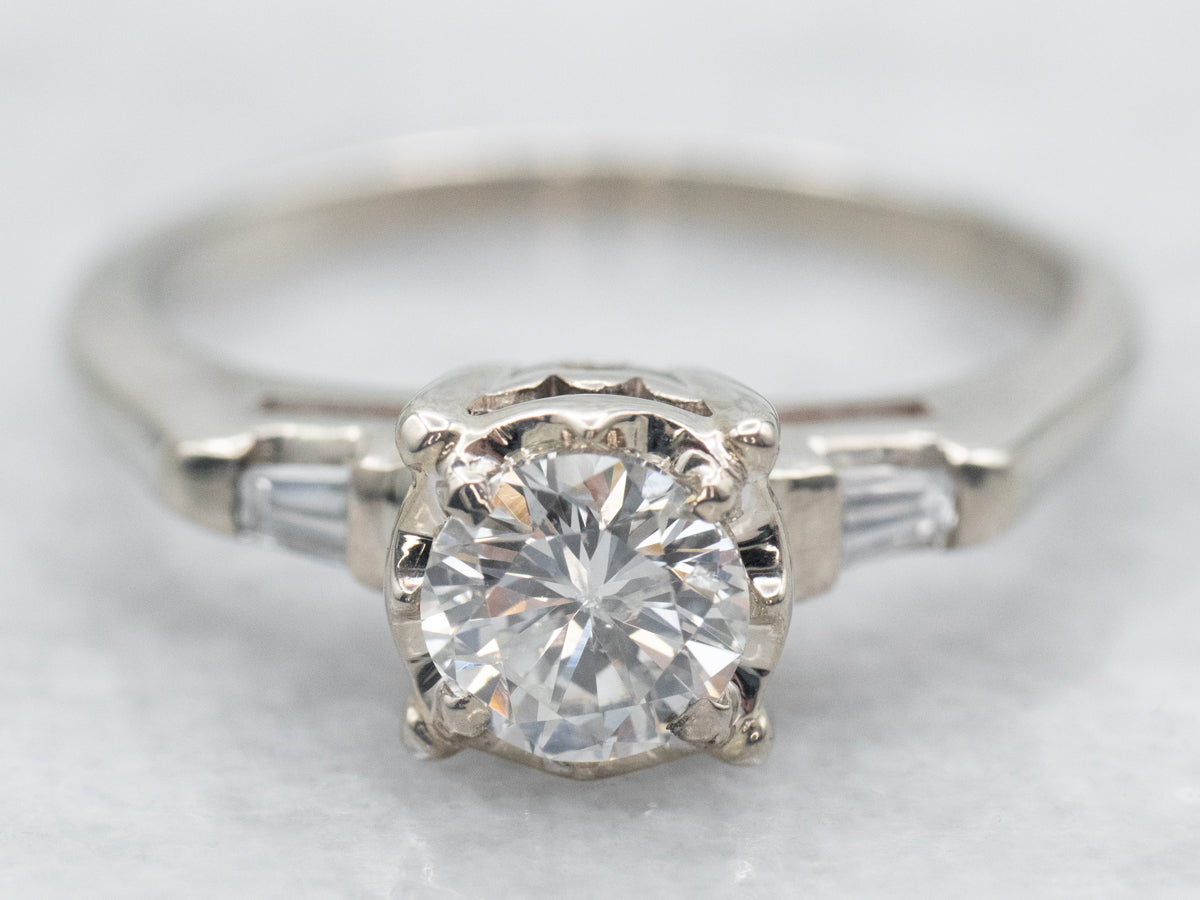 White Gold Diamond Engagement Ring with Baguette Cut Diamond Accents