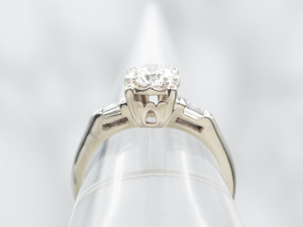 White Gold Diamond Engagement Ring with Baguette Cut Diamond Accents