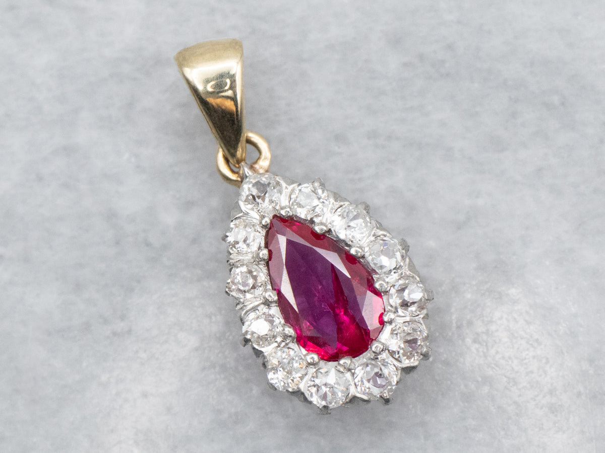 Teardrop Ruby and Old Mine Cut Diamond Halo Pendant