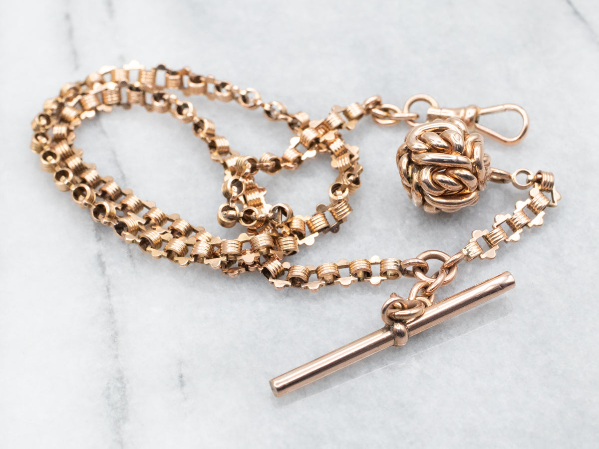 Victorian Rose Gold Watch Chain with T Bar and Fob