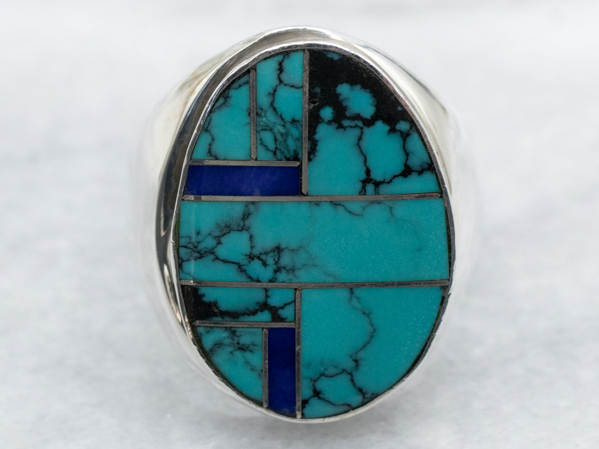 Navajo Elsie Yazzie Turquoise and Lapis Intarsia Statement Ring