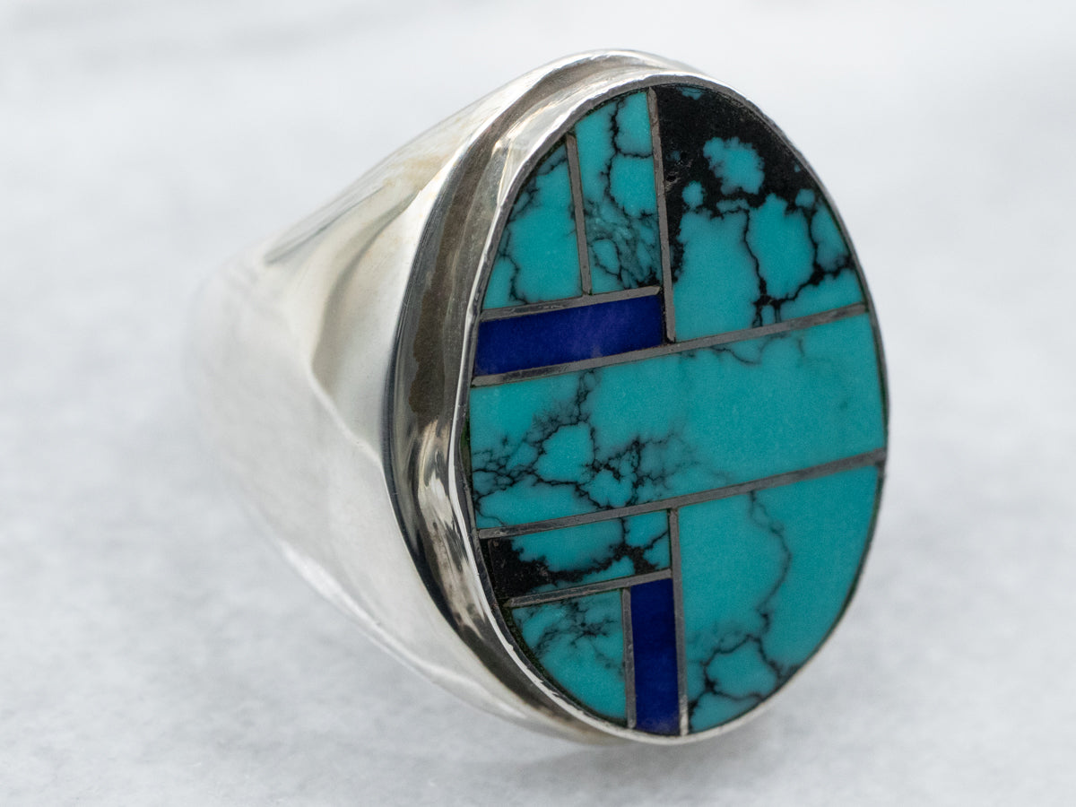 Navajo Elsie Yazzie Turquoise and Lapis Intarsia Statement Ring