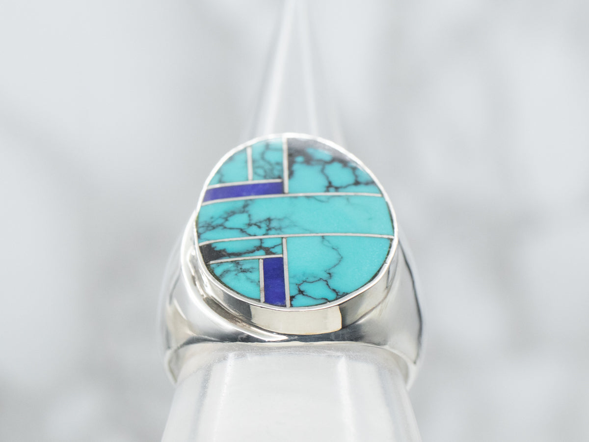 Navajo Elsie Yazzie Turquoise and Lapis Intarsia Statement Ring