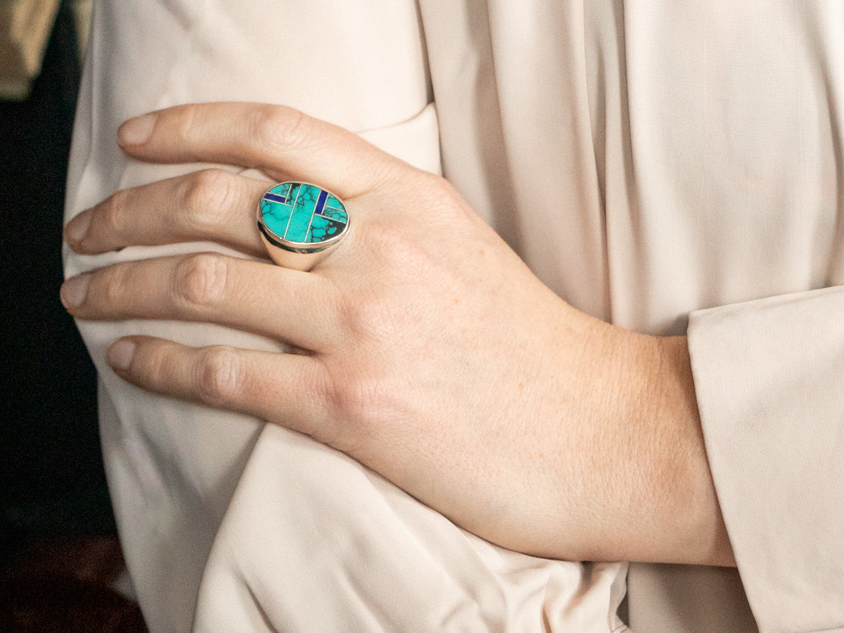 Navajo Elsie Yazzie Turquoise and Lapis Intarsia Statement Ring