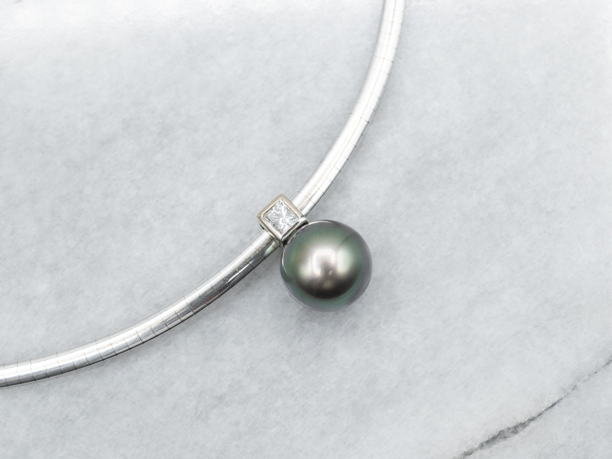 Modernist Black Pearl and Diamond Omega Chain Necklace