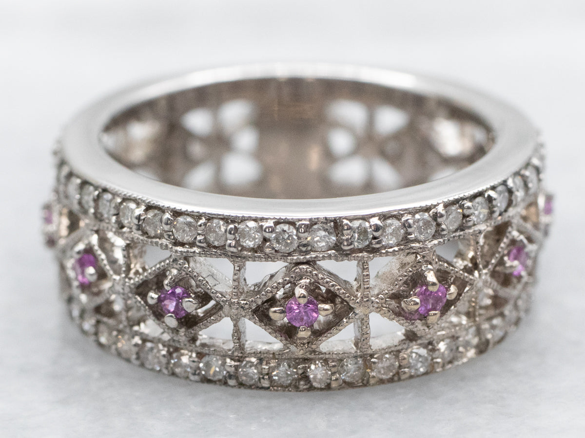 White Gold Pink Sapphire and Diamond Band