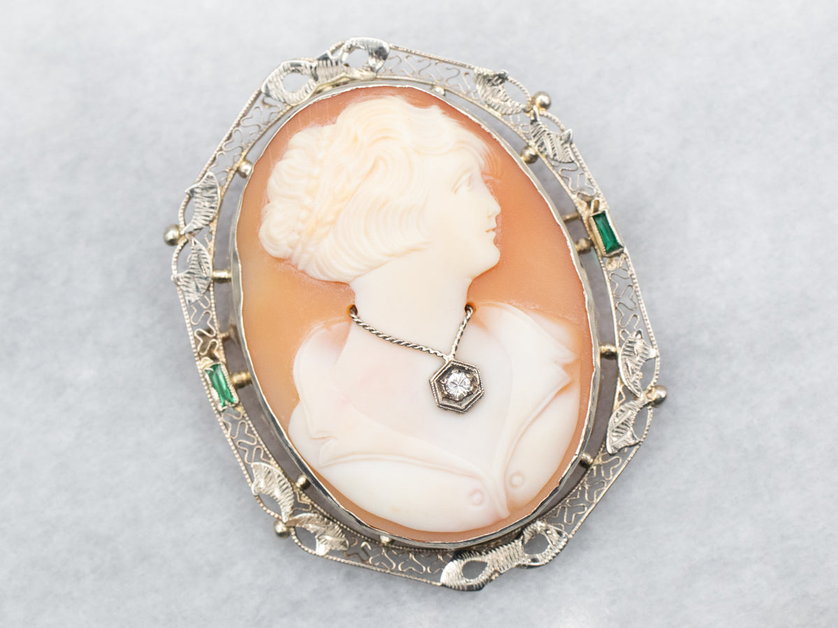 White Gold Cameo, Diamond, and Green Glass Brooch or Pendant