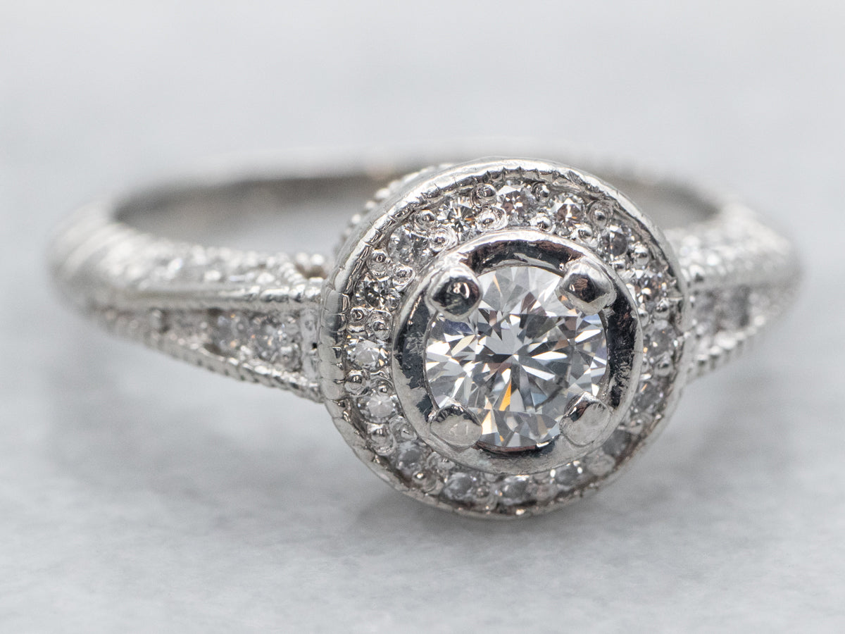 Platinum Diamond Engagement Ring with Diamond Halo and Diamond Shoulders