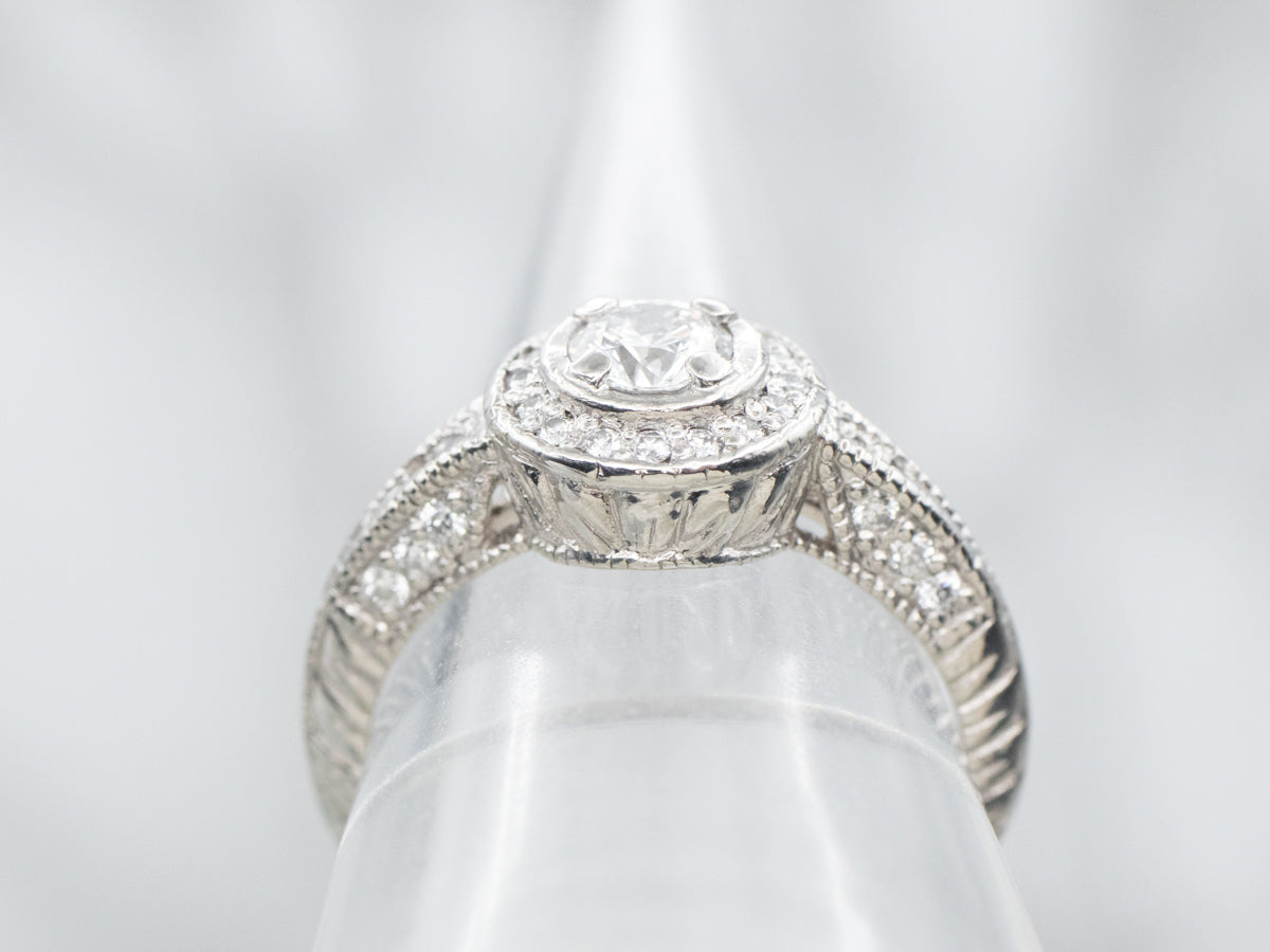 Platinum Diamond Engagement Ring with Diamond Halo and Diamond Shoulders