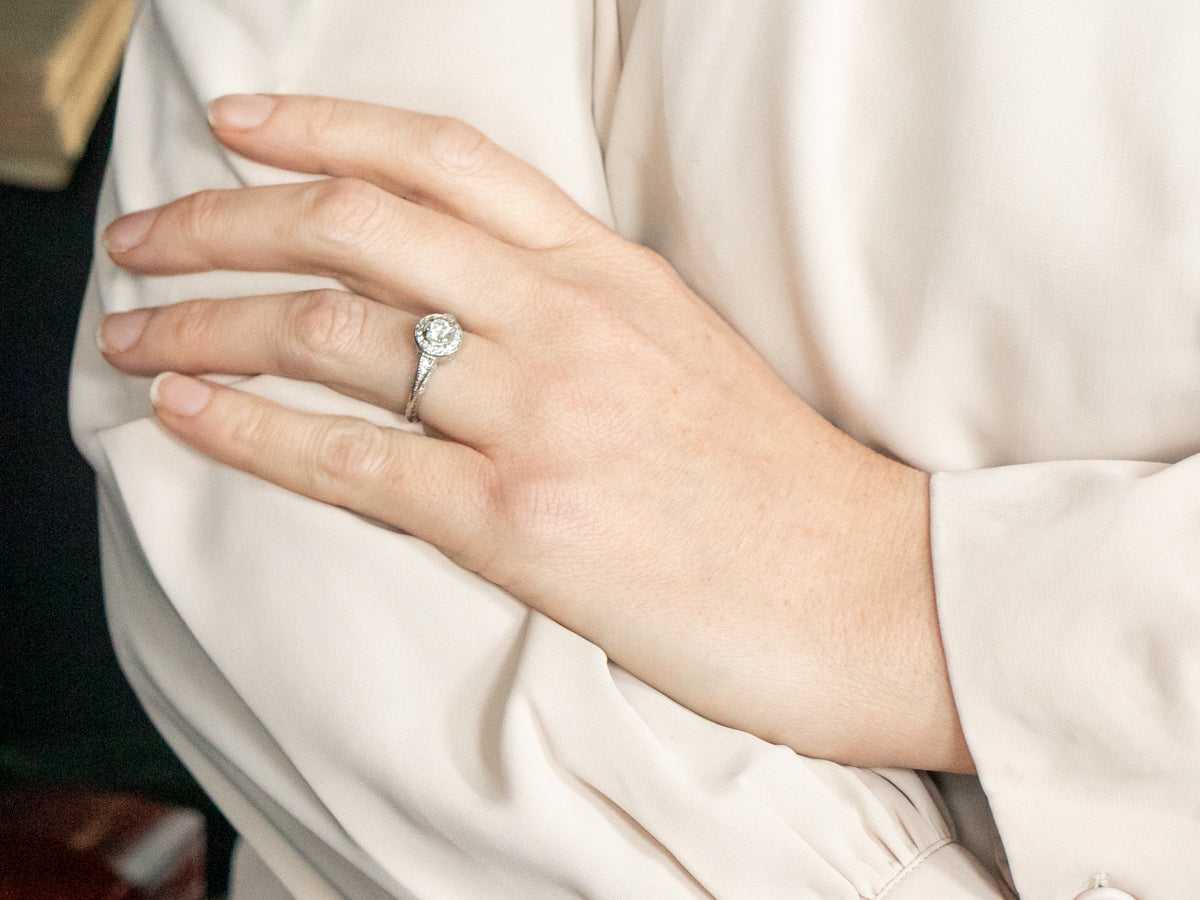 Platinum Diamond Engagement Ring with Diamond Halo and Diamond Shoulders